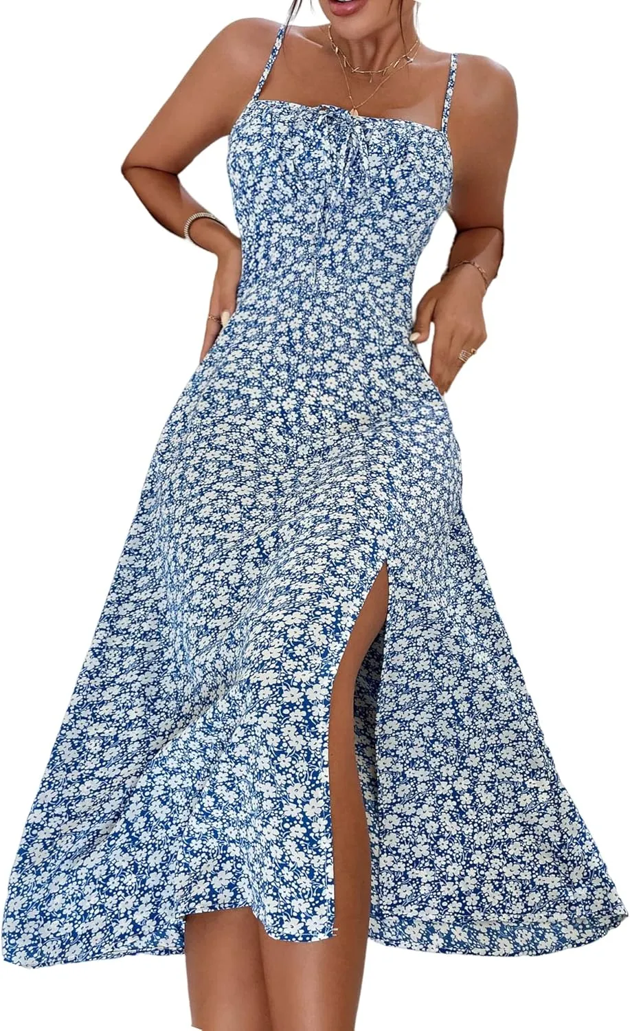 Floerns Women's Summer Split Thigh Spaghetti Strap Cami Midi Floral Dress