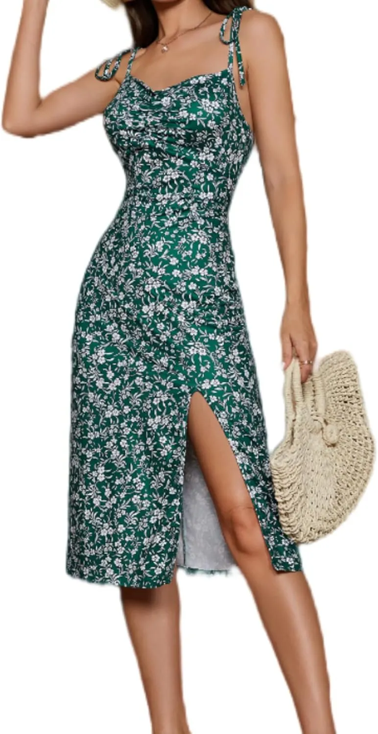 Floerns Women's Summer Split Thigh Spaghetti Strap Cami Midi Floral Dress