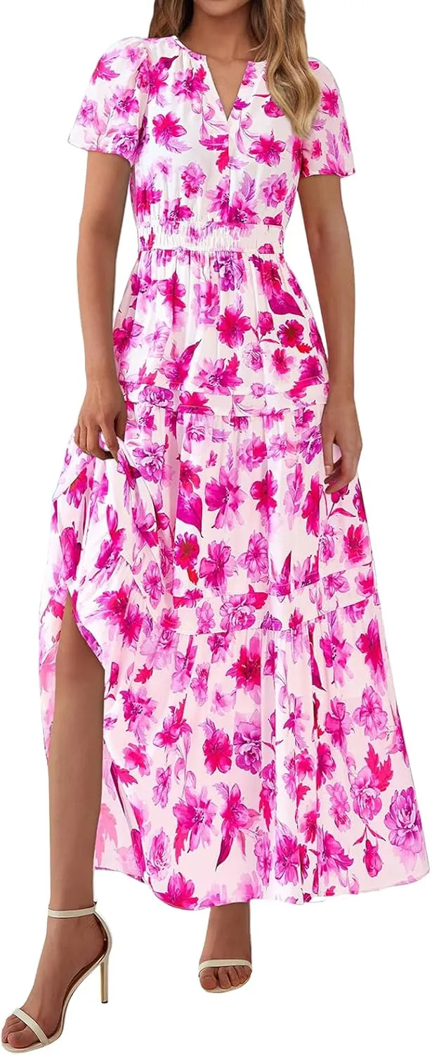 Floral Dress for Women Summer Boho Maxi Dresses Casual Short Sleeve V Neck Long Dresses A Line Tiered Flowy Sundresses