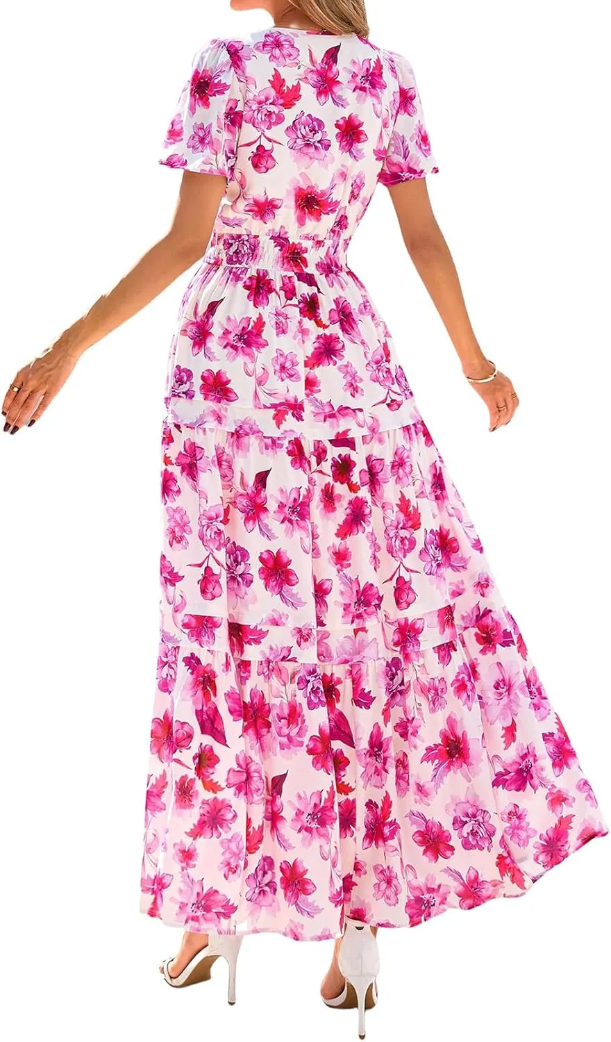 Floral Dress for Women Summer Boho Maxi Dresses Casual Short Sleeve V Neck Long Dresses A Line Tiered Flowy Sundresses