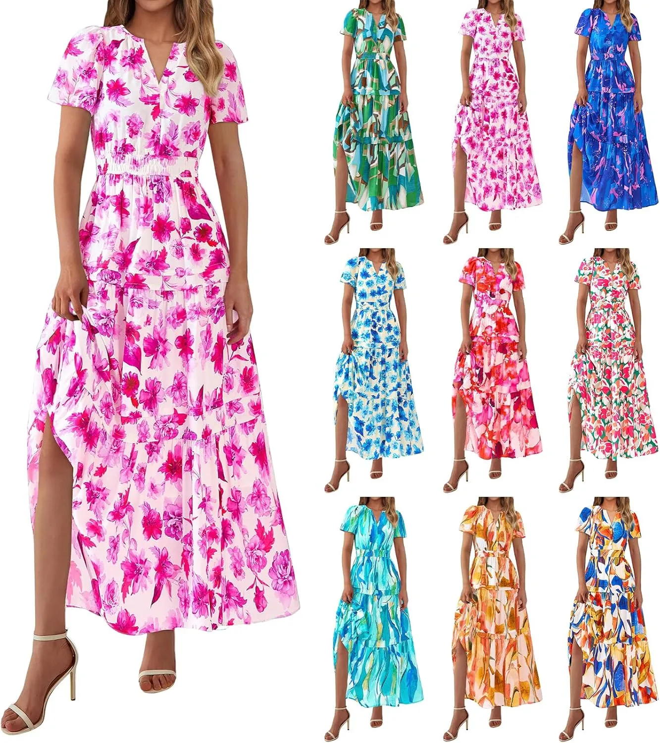 Floral Dress for Women Summer Boho Maxi Dresses Casual Short Sleeve V Neck Long Dresses A Line Tiered Flowy Sundresses