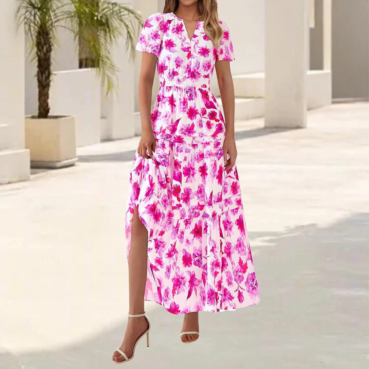 Floral Dress for Women Summer Boho Maxi Dresses Casual Short Sleeve V Neck Long Dresses A Line Tiered Flowy Sundresses