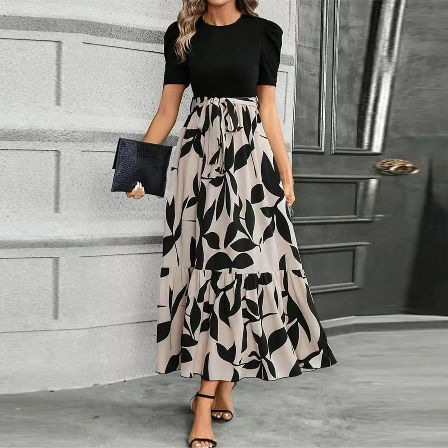 Floral Maxi Dresses for Women Elegant Patchwork Short Sleeve Tie Waist Wrap Dress Boho Summer Casual Teacher Dresses