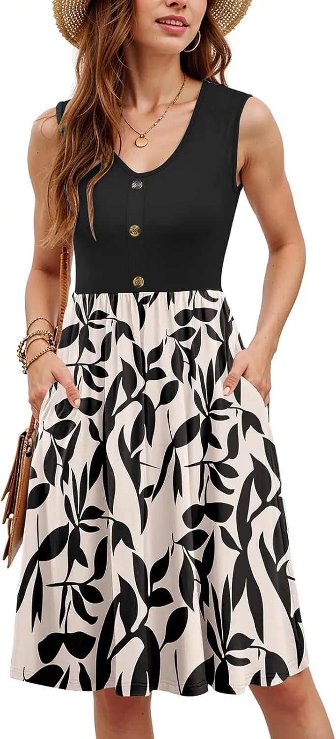 Floral Short Dress Women Knee Length Button Down V-Neck Sleeveless Tank Dress Stylish Summer Boho Dresses 2025
