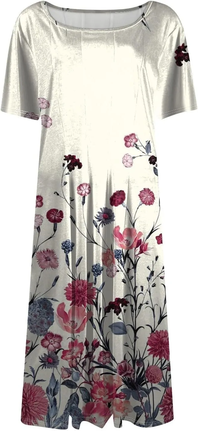 Flower Dresses for Women 2025 Midi Short Sleeve Round Neck Dresses Elegant V Neck Short Sleeve Ruffle Hem Split
