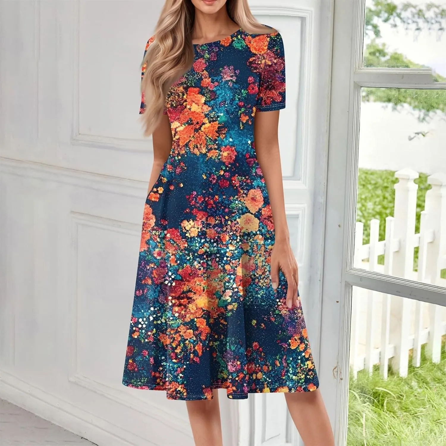 Flower Dresses for Women 2025 Midi Short Sleeve Round Neck Dresses Elegant V Neck Short Sleeve Ruffle Hem Split