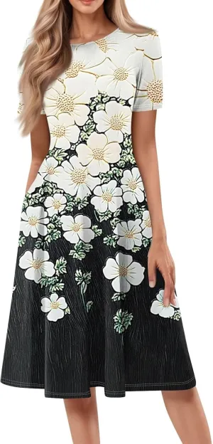 Flower Dresses for Women 2025 Midi Short Sleeve Round Neck Dresses Elegant V Neck Short Sleeve Ruffle Hem Split