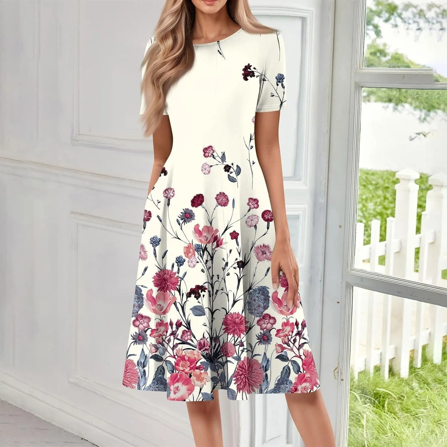 Flower Dresses for Women 2025 Midi Short Sleeve Round Neck Dresses Elegant V Neck Short Sleeve Ruffle Hem Split