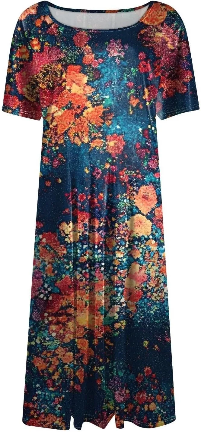 Flower Dresses for Women 2025 Midi Short Sleeve Round Neck Dresses Elegant V Neck Short Sleeve Ruffle Hem Split