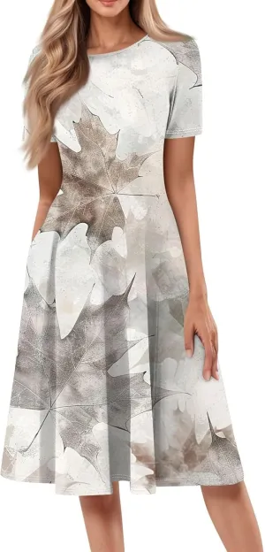 Flower Dresses for Women 2025 Midi Short Sleeve Round Neck Dresses Elegant V Neck Short Sleeve Ruffle Hem Split