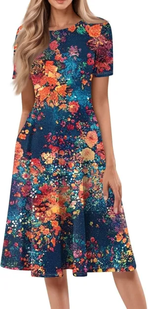 Flower Dresses for Women 2025 Midi Short Sleeve Round Neck Dresses Elegant V Neck Short Sleeve Ruffle Hem Split