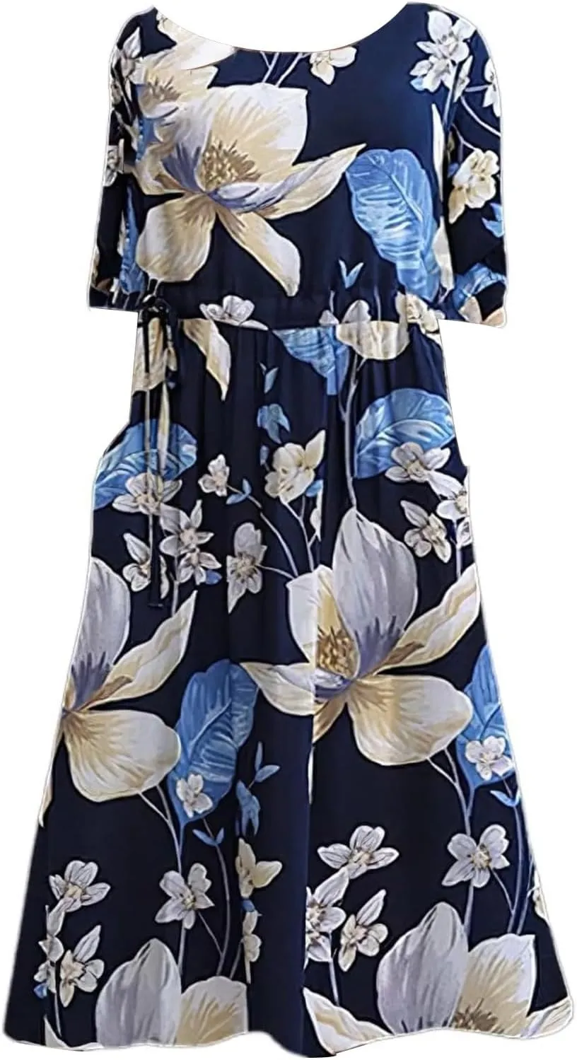 Flower Dresses for Women 2025 Midi Short Sleeve Round Neck Dresses Elegant V Neck Short Sleeve Ruffle Hem Split