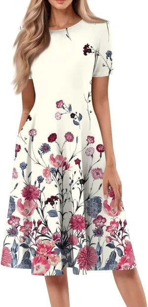 Flower Dresses for Women 2025 Midi Short Sleeve Round Neck Dresses Elegant V Neck Short Sleeve Ruffle Hem Split