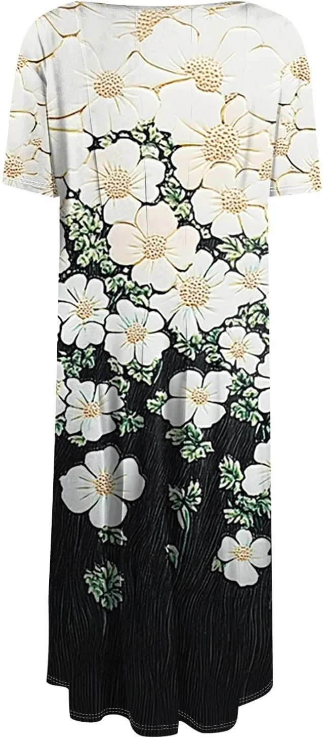 Flower Dresses for Women 2025 Midi Short Sleeve Round Neck Dresses Elegant V Neck Short Sleeve Ruffle Hem Split