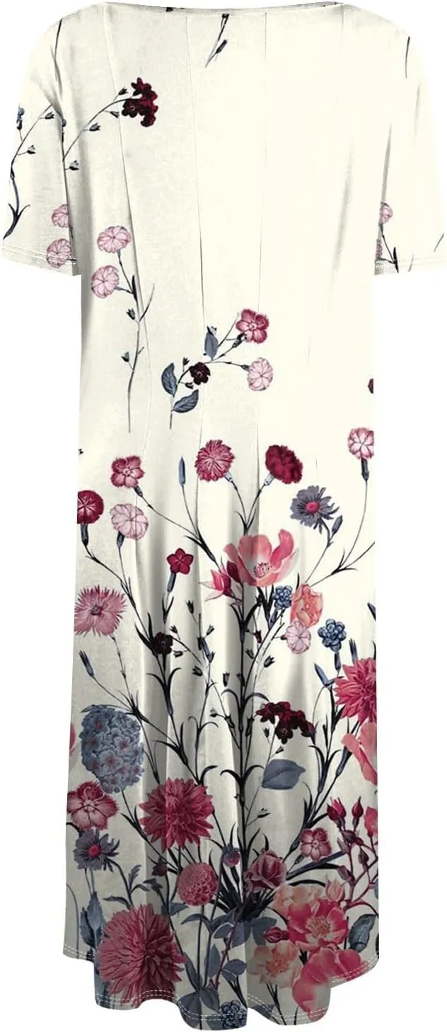 Flower Dresses for Women 2025 Midi Short Sleeve Round Neck Dresses Elegant V Neck Short Sleeve Ruffle Hem Split