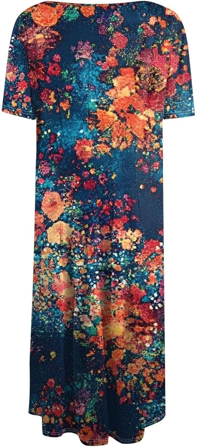 Flower Dresses for Women 2025 Midi Short Sleeve Round Neck Dresses Elegant V Neck Short Sleeve Ruffle Hem Split