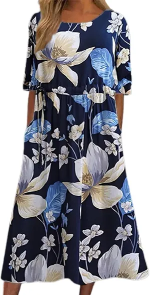 Flower Dresses for Women 2025 Midi Short Sleeve Round Neck Dresses Elegant V Neck Short Sleeve Ruffle Hem Split