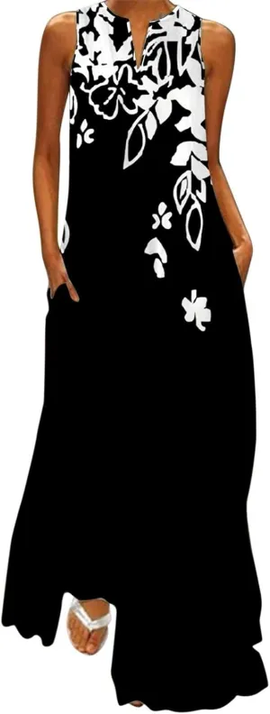 Flower Dresses Women 2025 Vacation Beach Casual Summer Sundresses Sleeveless Long Peasant Sleeves Flowy Summer Dress