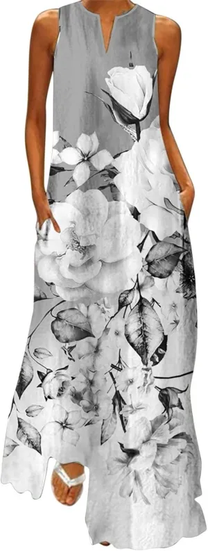 Flower Dresses Women 2025 Vacation Beach Casual Summer Sundresses Sleeveless Long Peasant Sleeves Flowy Summer Dress