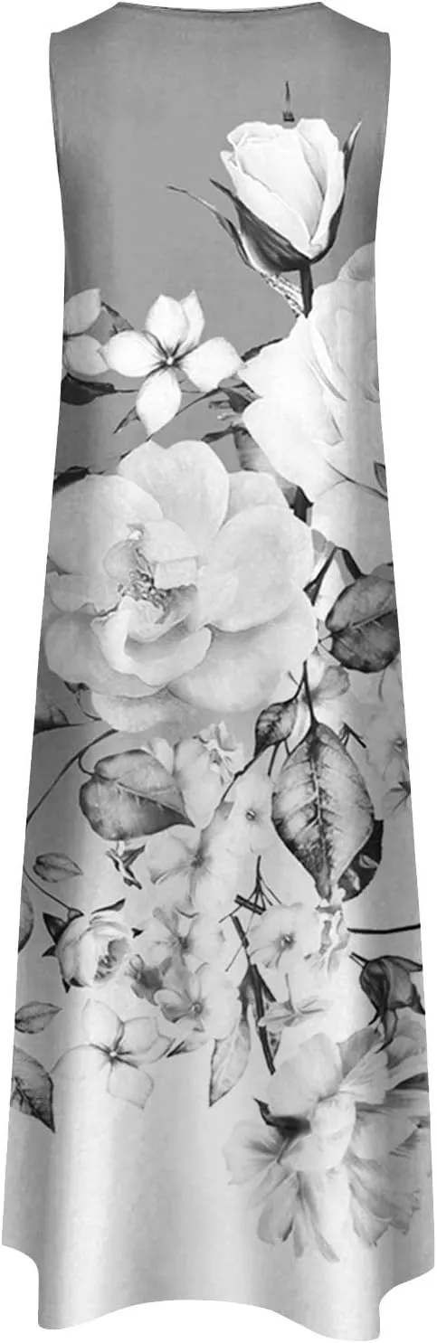 Flower Dresses Women 2025 Vacation Beach Casual Summer Sundresses Sleeveless Long Peasant Sleeves Flowy Summer Dress