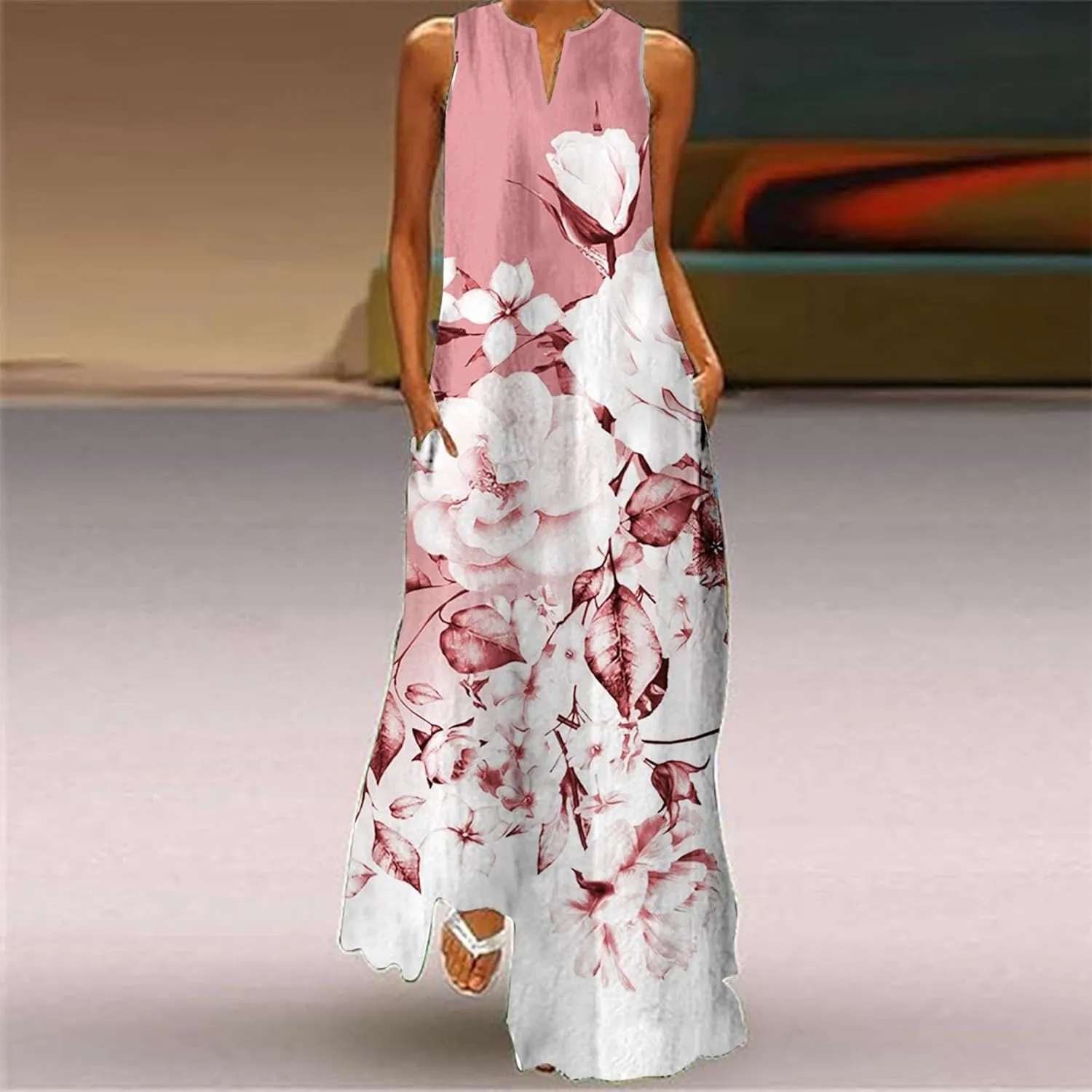 Flower Dresses Women 2025 Vacation Beach Casual Summer Sundresses Sleeveless Long Peasant Sleeves Flowy Summer Dress
