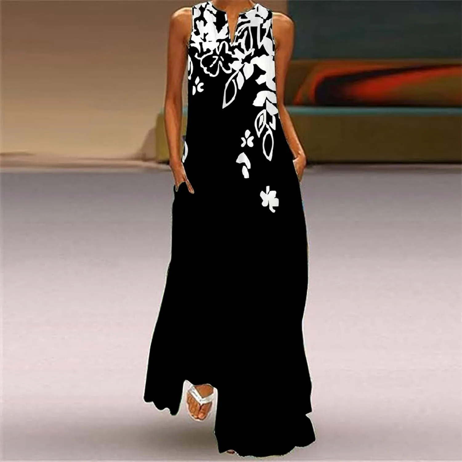 Flower Dresses Women 2025 Vacation Beach Casual Summer Sundresses Sleeveless Long Peasant Sleeves Flowy Summer Dress