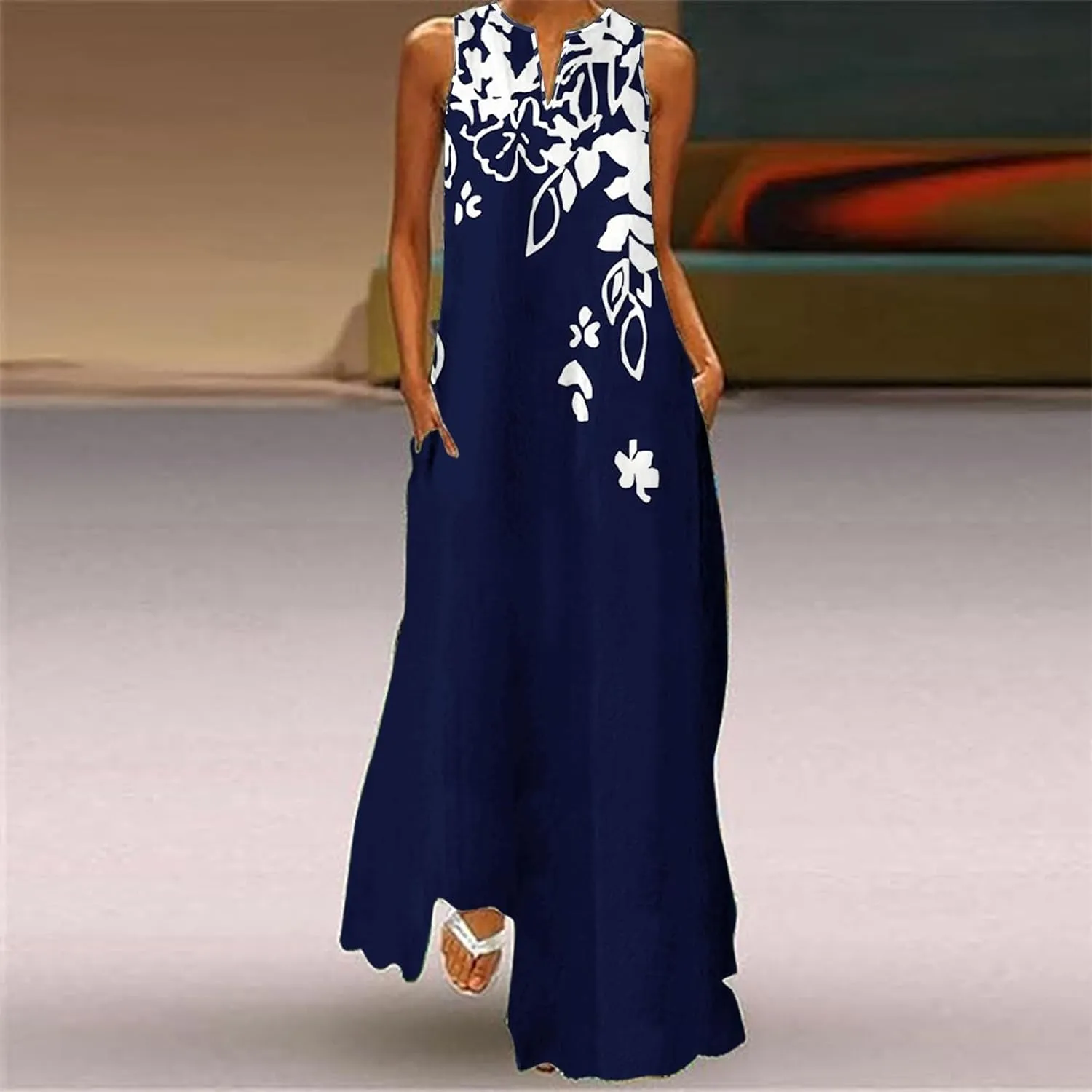 Flower Dresses Women 2025 Vacation Beach Casual Summer Sundresses Sleeveless Long Peasant Sleeves Flowy Summer Dress