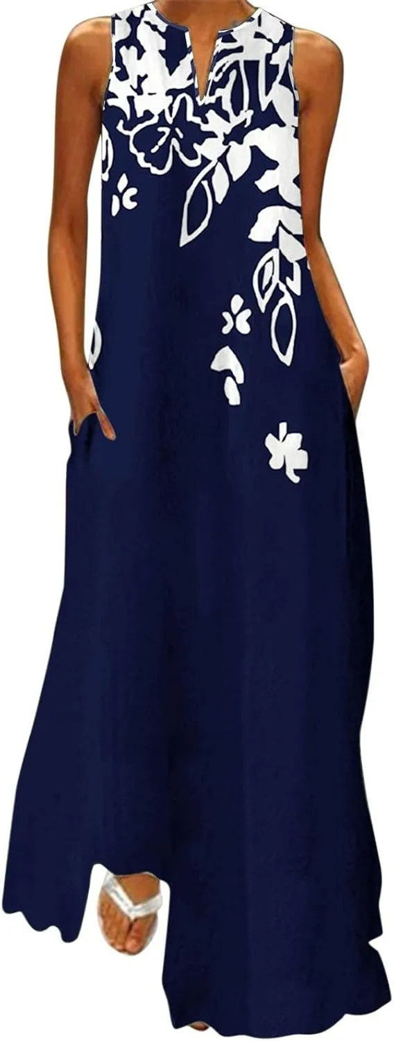 Flower Dresses Women 2025 Vacation Beach Casual Summer Sundresses Sleeveless Long Peasant Sleeves Flowy Summer Dress