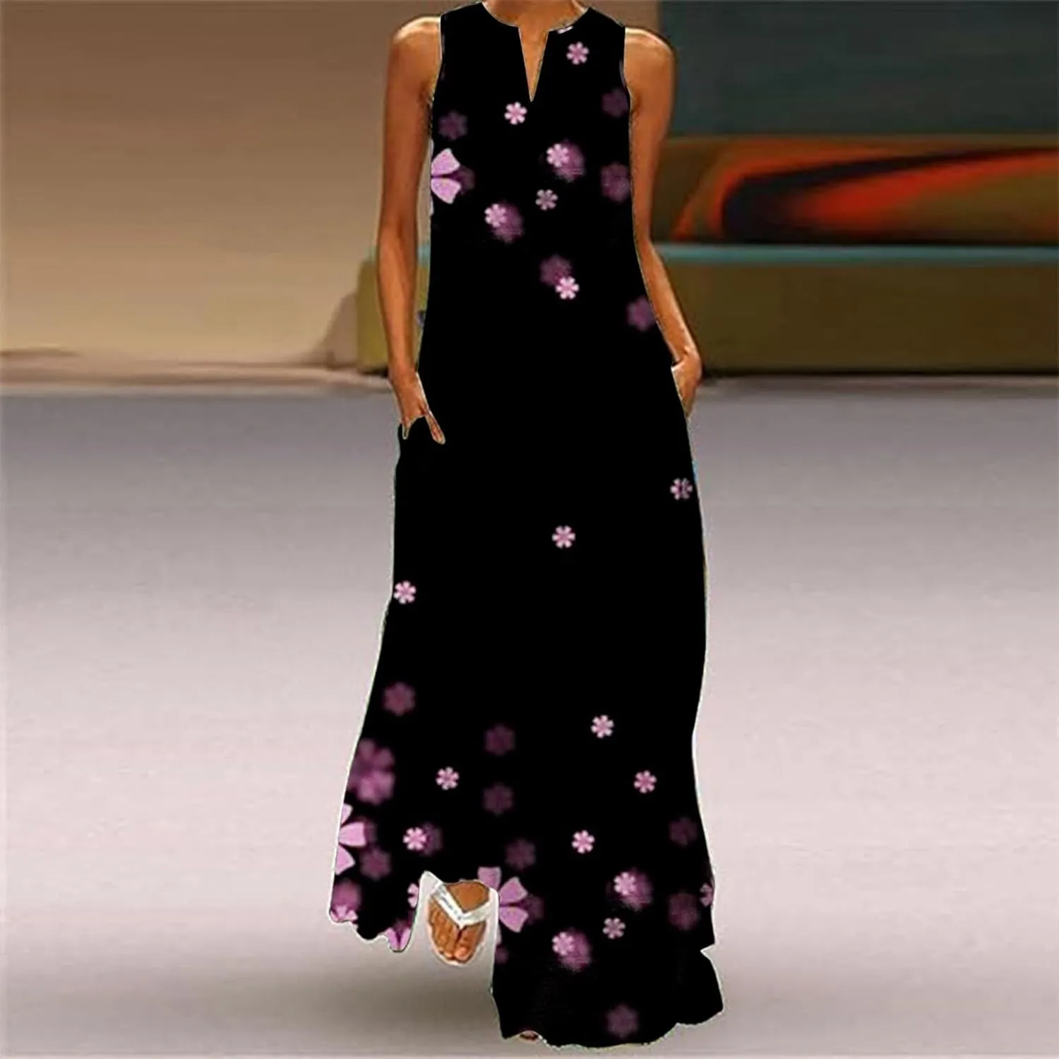 Flower Dresses Women 2025 Vacation Beach Casual Summer Sundresses Sleeveless Long Peasant Sleeves Flowy Summer Dress