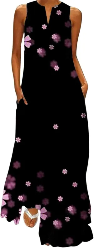 Flower Dresses Women 2025 Vacation Beach Casual Summer Sundresses Sleeveless Long Peasant Sleeves Flowy Summer Dress