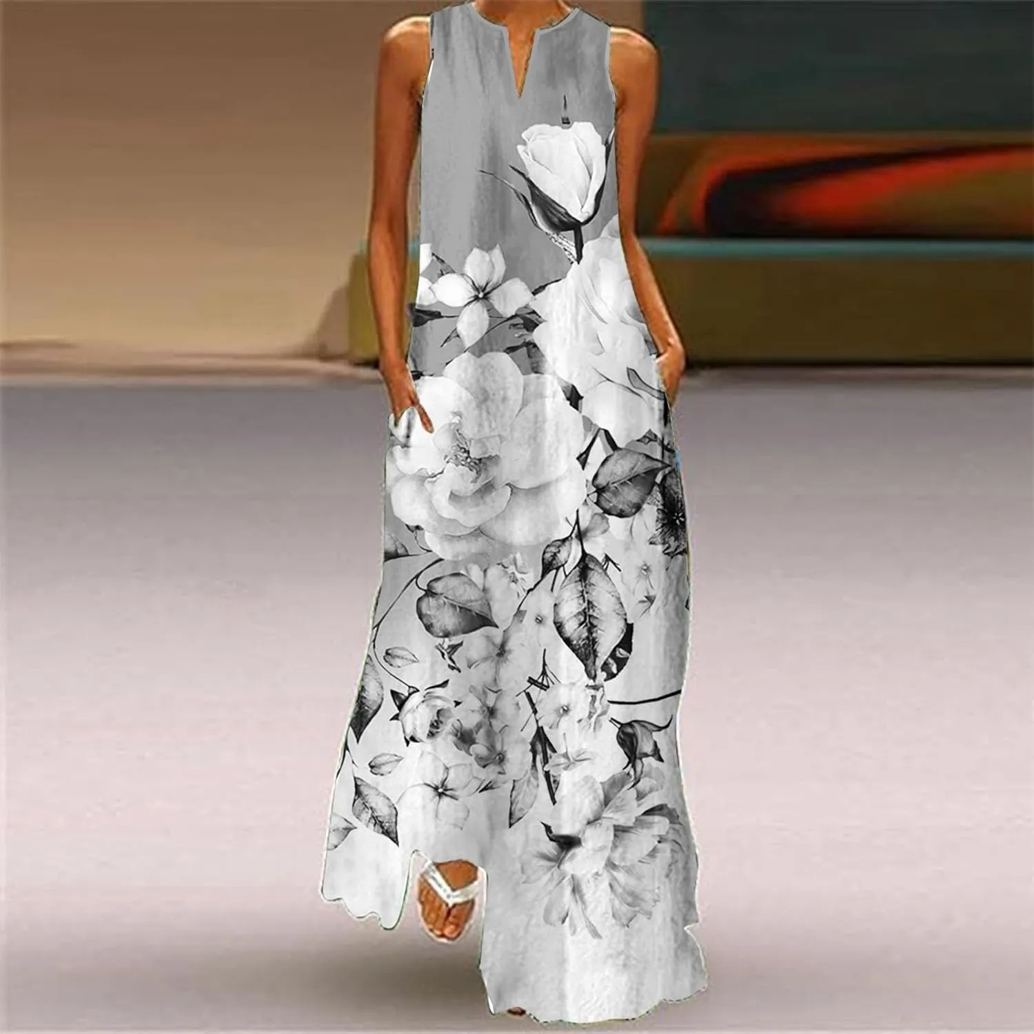 Flower Dresses Women 2025 Vacation Beach Casual Summer Sundresses Sleeveless Long Peasant Sleeves Flowy Summer Dress