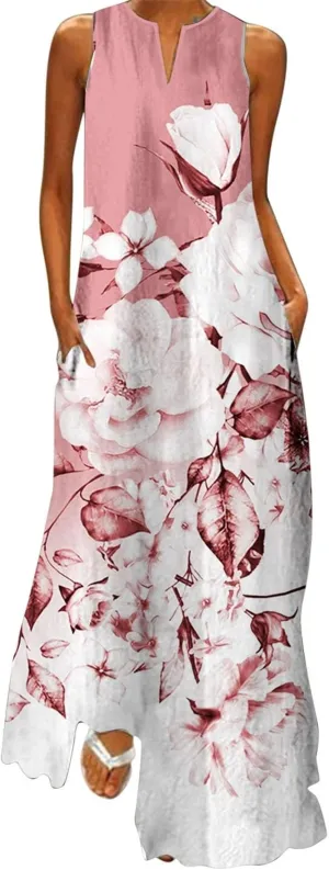 Flower Dresses Women 2025 Vacation Beach Casual Summer Sundresses Sleeveless Long Peasant Sleeves Flowy Summer Dress