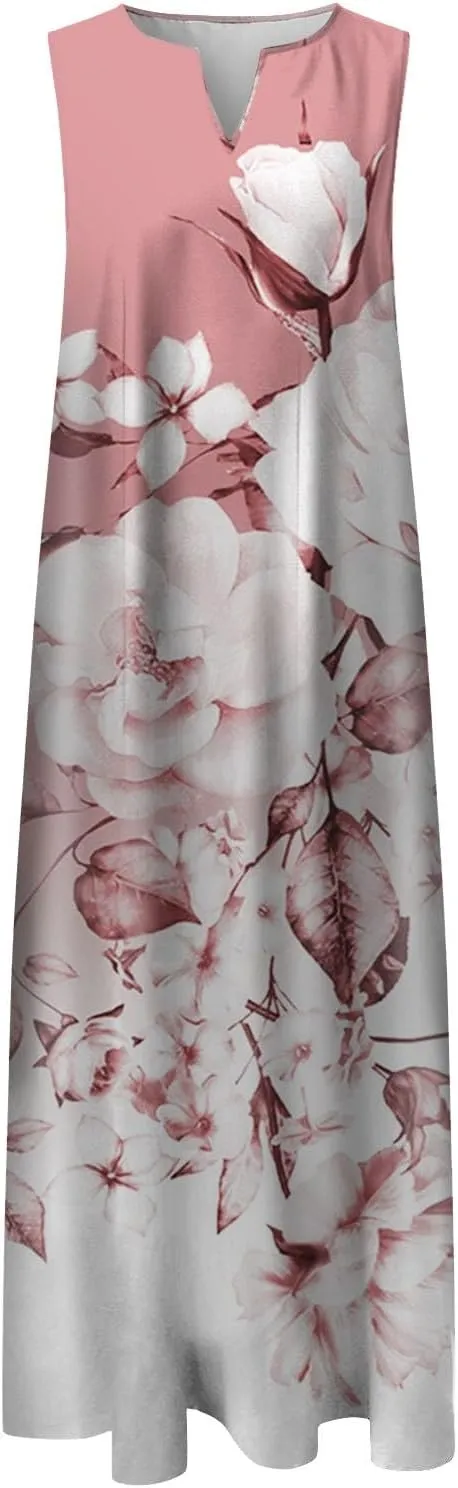 Flower Dresses Women 2025 Vacation Beach Casual Summer Sundresses Sleeveless Long Peasant Sleeves Flowy Summer Dress