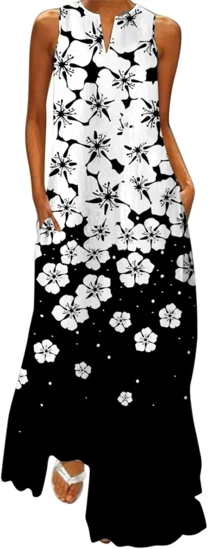 Flower Dresses Women 2025 Vacation Beach Casual Summer Sundresses Sleeveless Long Peasant Sleeves Flowy Summer Dress