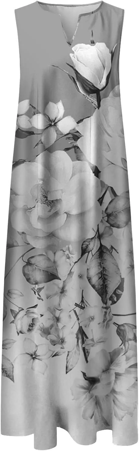 Flower Dresses Women 2025 Vacation Beach Casual Summer Sundresses Sleeveless Long Peasant Sleeves Flowy Summer Dress