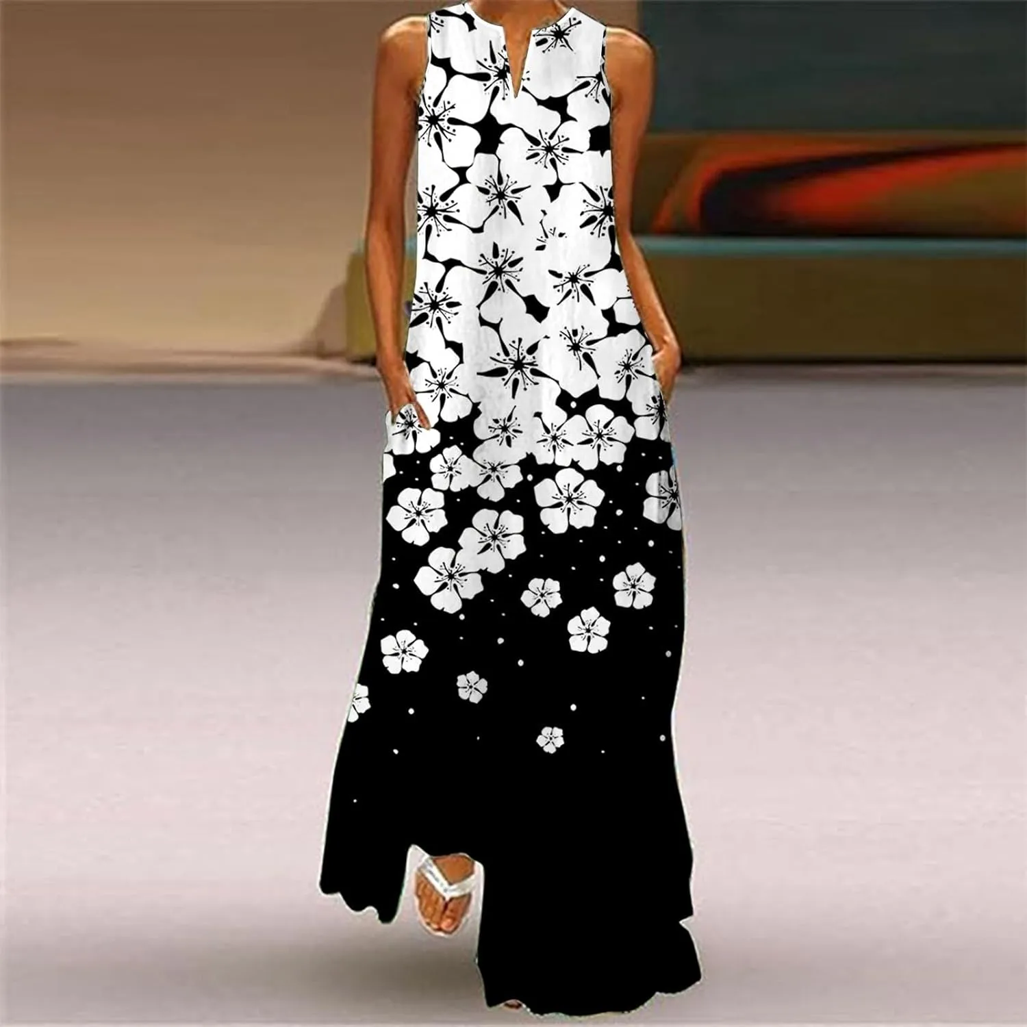 Flower Dresses Women 2025 Vacation Beach Casual Summer Sundresses Sleeveless Long Peasant Sleeves Flowy Summer Dress
