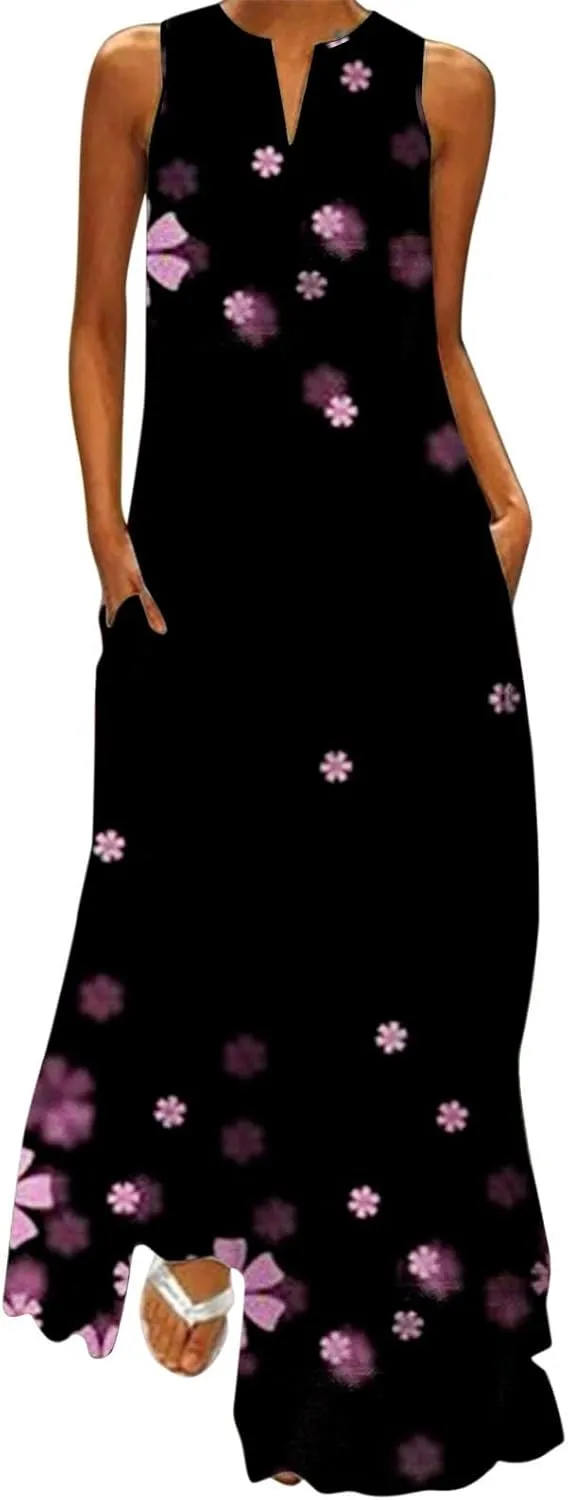 Flower Dresses Women 2025 Vacation Beach Casual Summer Sundresses Sleeveless Long Peasant Sleeves Flowy Summer Dress