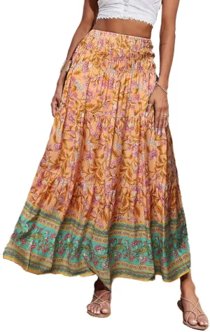 Flowy Maxi Skirts for Women Summer Drawstring Elastic A Line Skirt Business Tiered Pleated Skirt Long