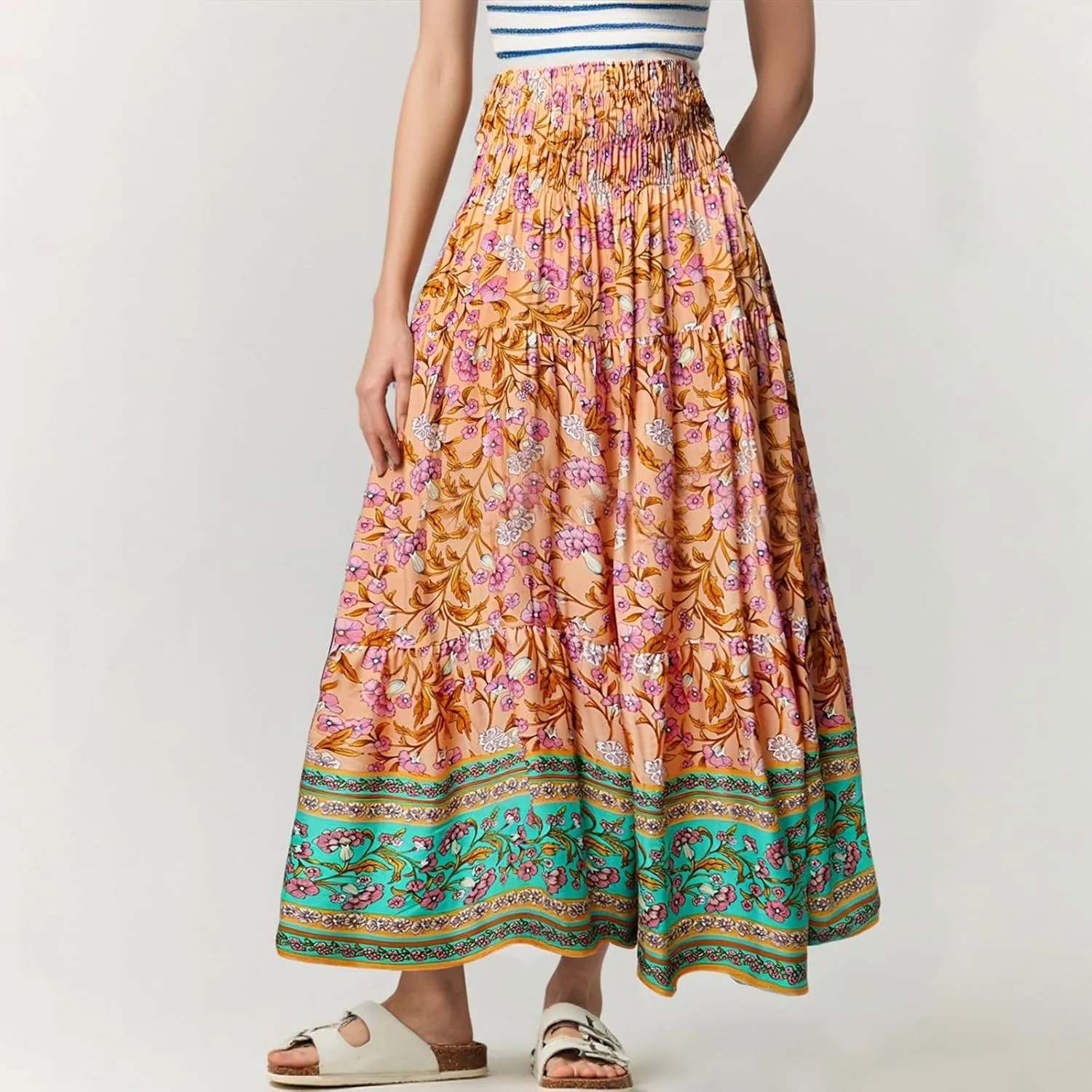 Flowy Maxi Skirts for Women Summer Drawstring Elastic A Line Skirt Business Tiered Pleated Skirt Long