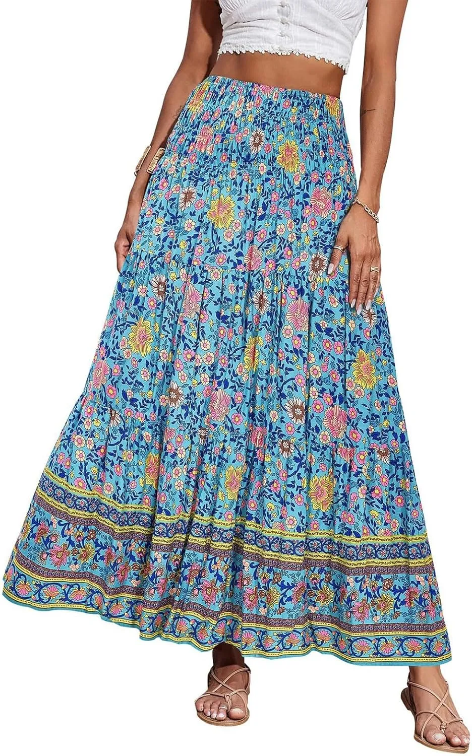 Flowy Maxi Skirts for Women Summer Drawstring Elastic A Line Skirt Business Tiered Pleated Skirt Long