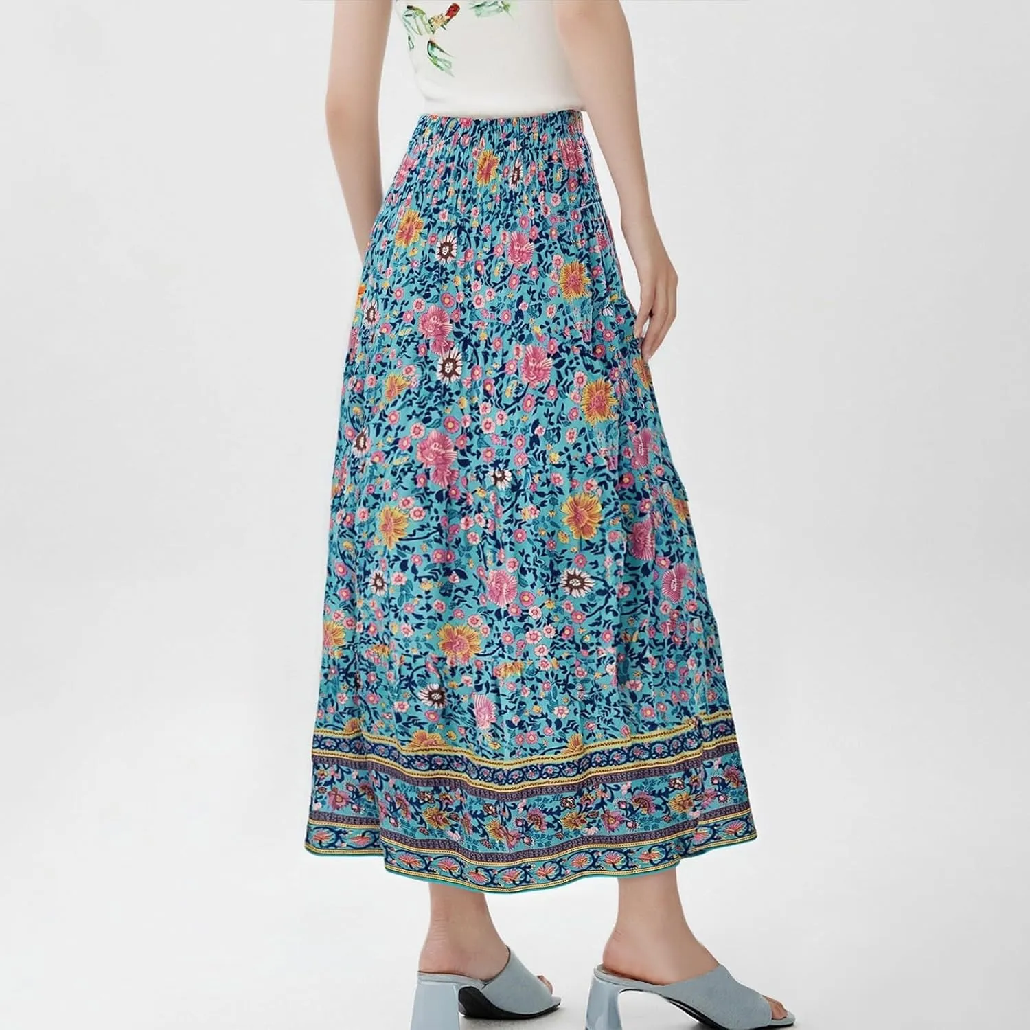 Flowy Maxi Skirts for Women Summer Drawstring Elastic A Line Skirt Business Tiered Pleated Skirt Long