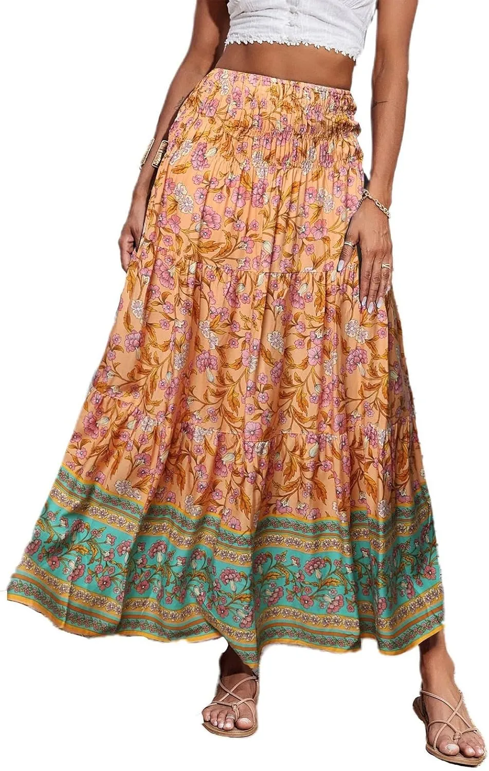 Flowy Maxi Skirts for Women Summer Drawstring Elastic A Line Skirt Business Tiered Pleated Skirt Long