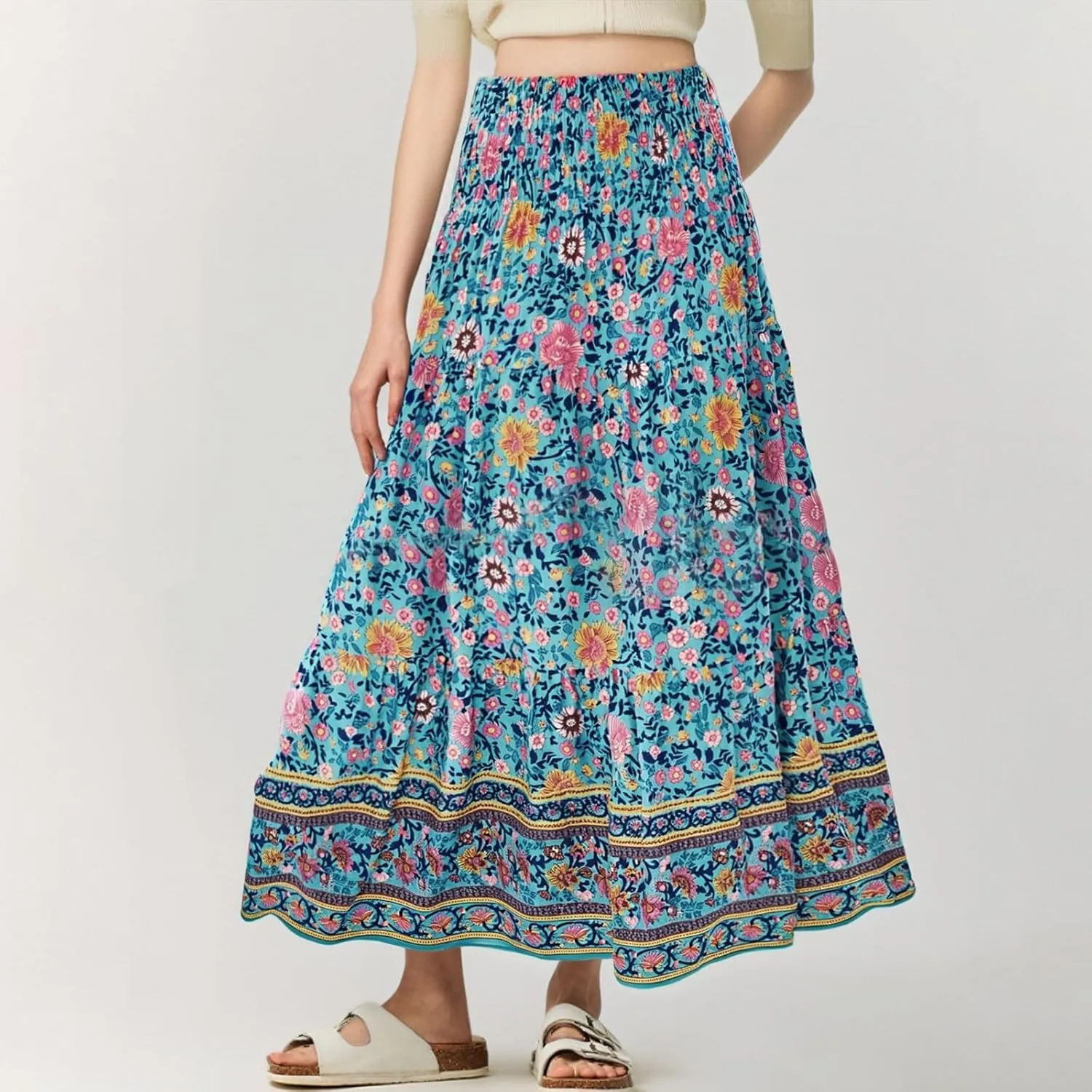 Flowy Maxi Skirts for Women Summer Drawstring Elastic A Line Skirt Business Tiered Pleated Skirt Long