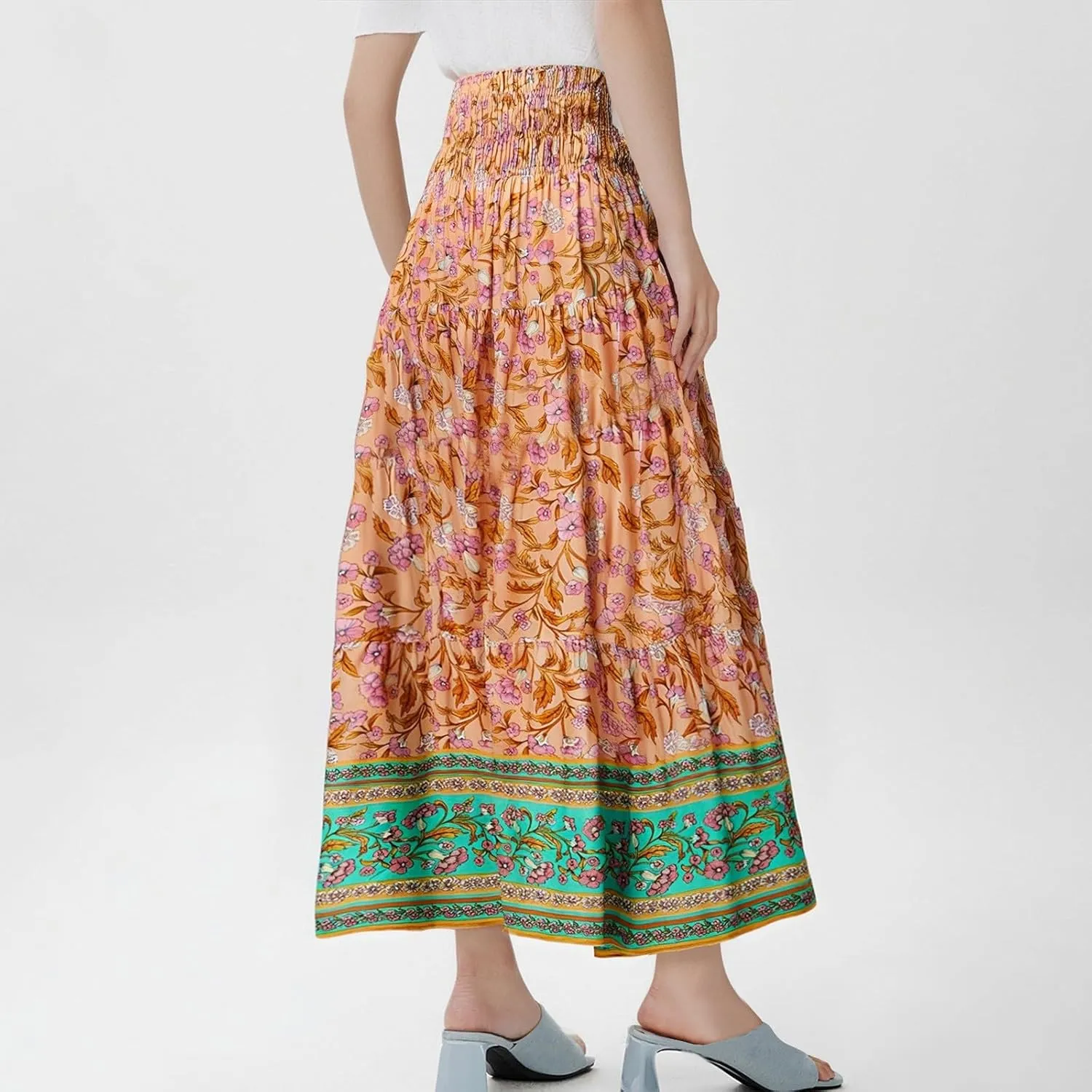 Flowy Maxi Skirts for Women Summer Drawstring Elastic A Line Skirt Business Tiered Pleated Skirt Long