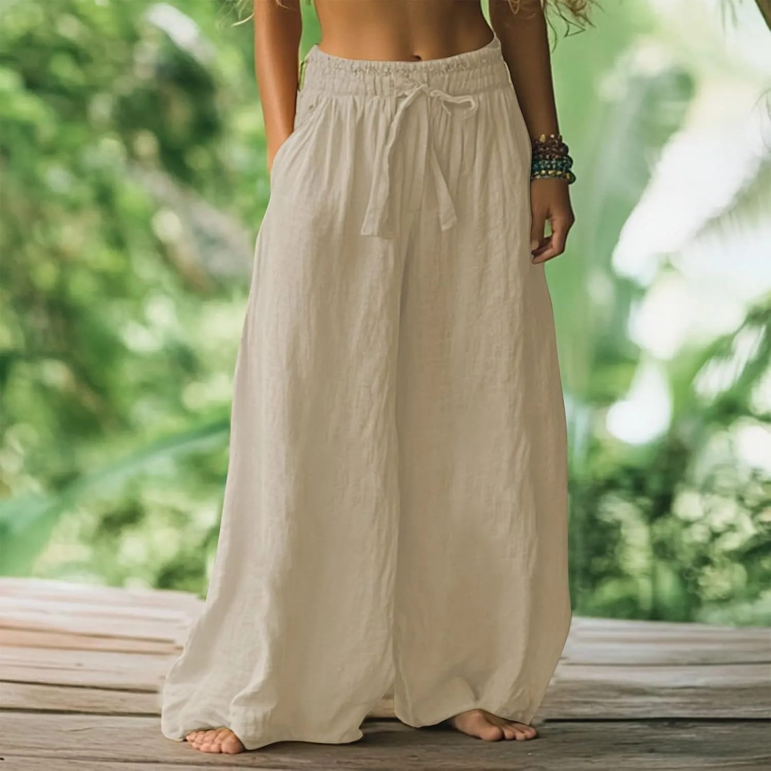 Flowy Pants for Women Baggy High Waist Drawsting Linen Palazzo Trouser Boho Floral Embroidered Wide Leg Beach Bottoms