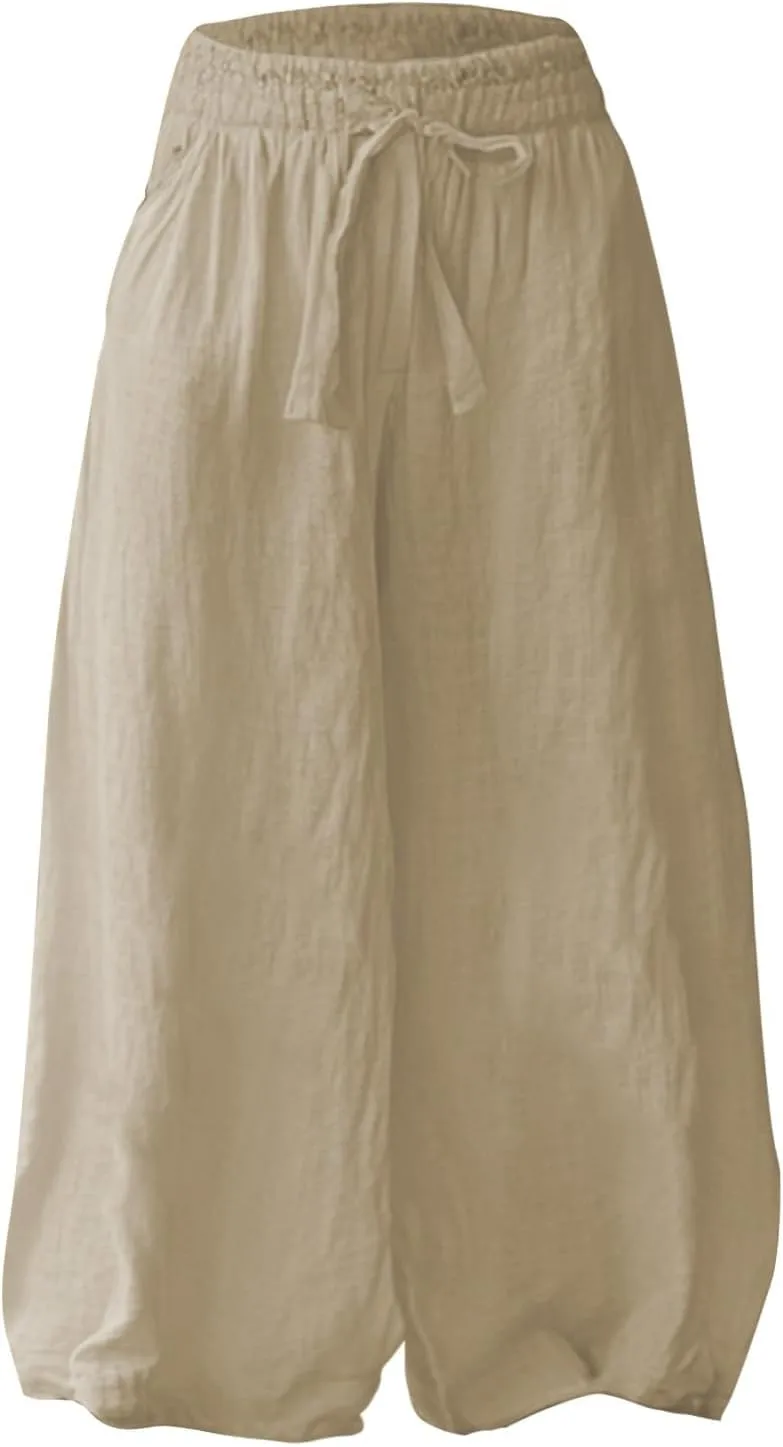 Flowy Pants for Women Baggy High Waist Drawsting Linen Palazzo Trouser Boho Floral Embroidered Wide Leg Beach Bottoms