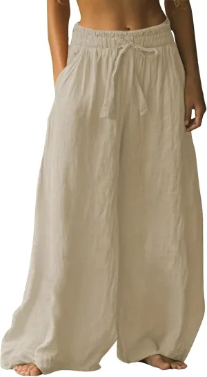Flowy Pants for Women Baggy High Waist Drawsting Linen Palazzo Trouser Boho Floral Embroidered Wide Leg Beach Bottoms
