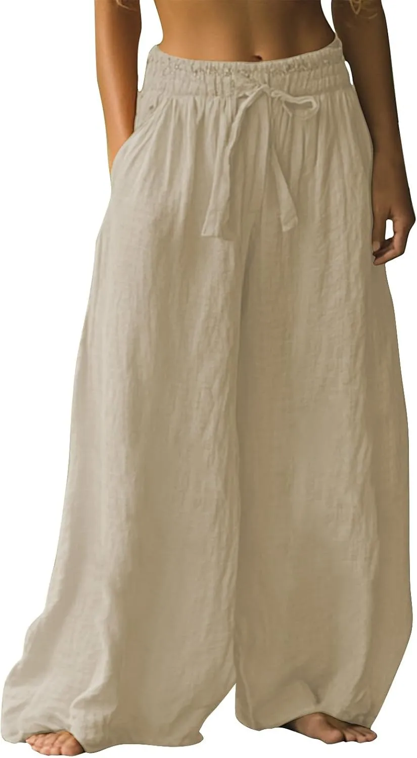 Flowy Pants for Women Baggy High Waist Drawsting Linen Palazzo Trouser Boho Floral Embroidered Wide Leg Beach Bottoms