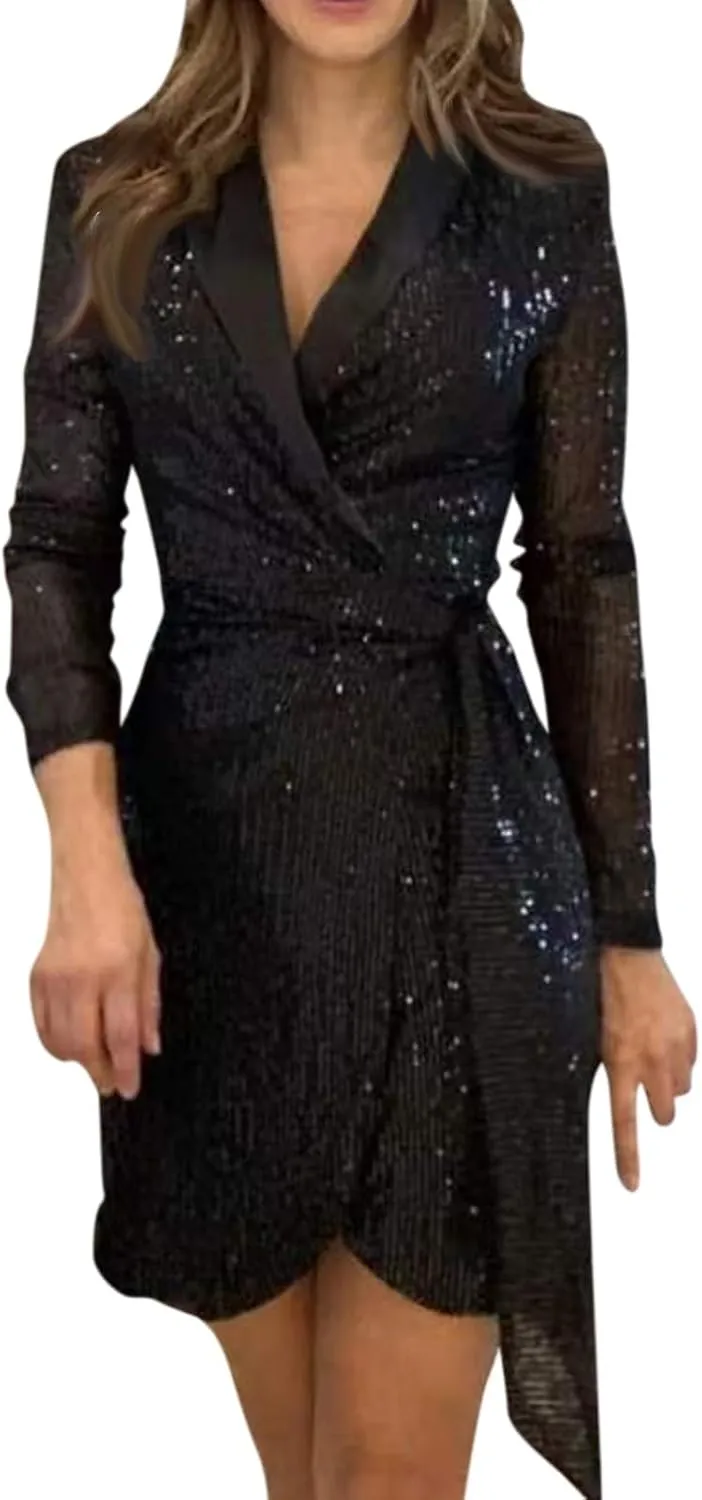 Formal Dresses for Women,2024 Summer Trendy Sparkly Sequin Party Dress,Elegant V Neck Long Sleeve Ruched Blazer Dress