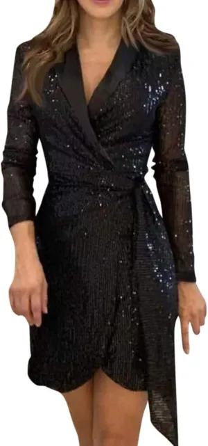 Formal Dresses for Women,2024 Summer Trendy Sparkly Sequin Party Dress,Elegant V Neck Long Sleeve Ruched Blazer Dress